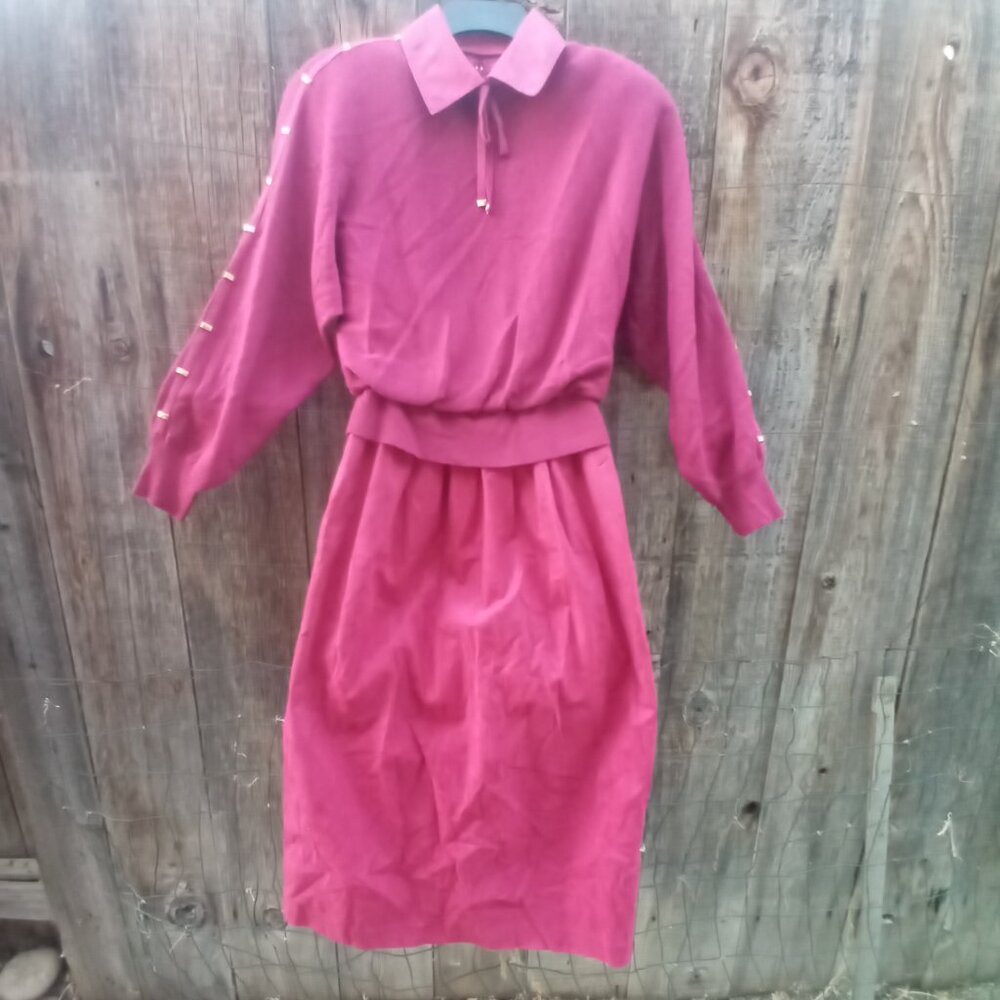 VINTAGE 1980s Ciao Ltd Dress With Removable Collar Size 10 Hot Pink Long Sleeves